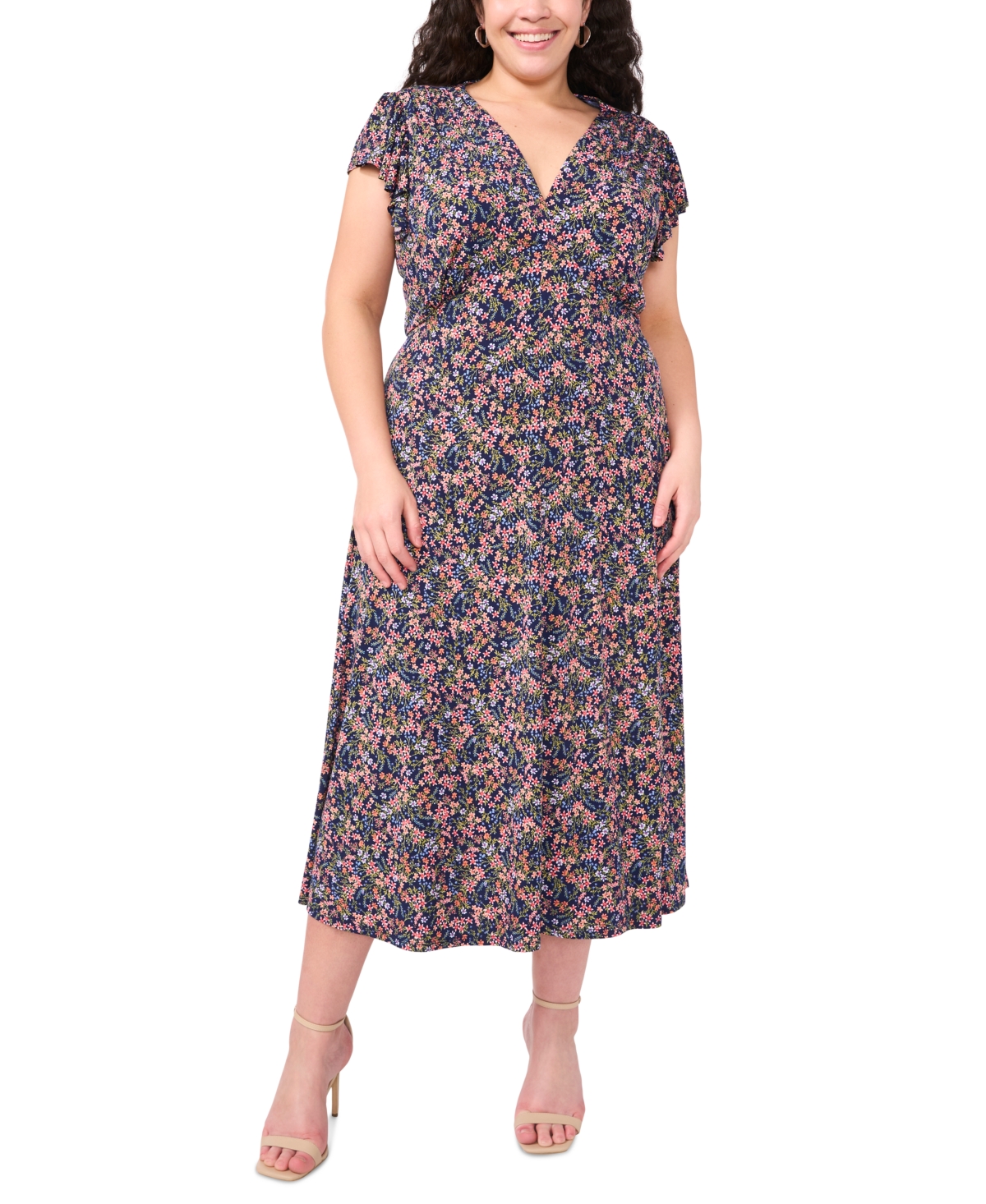 Msk Plus Size Floral-print Flutter-sleeve Midi Dress In Navy Multi