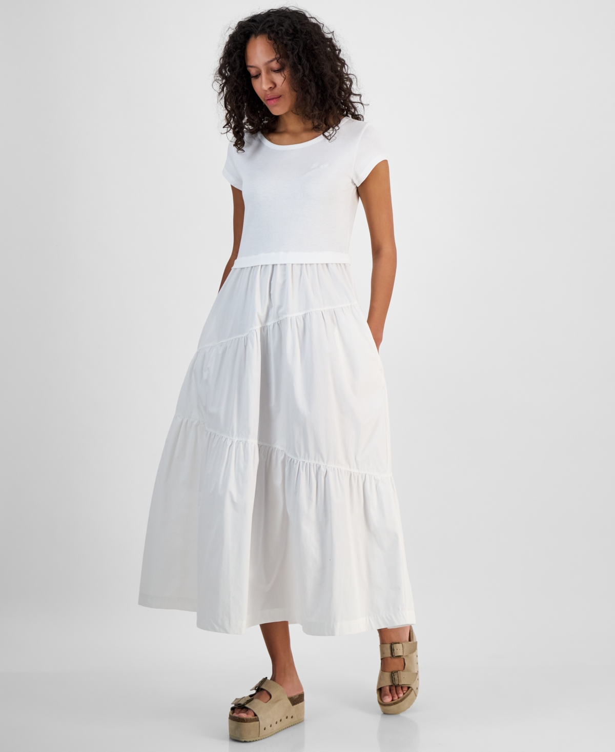 Women's Cotton Mixed Media Tiered Fit & Flare Dress - White