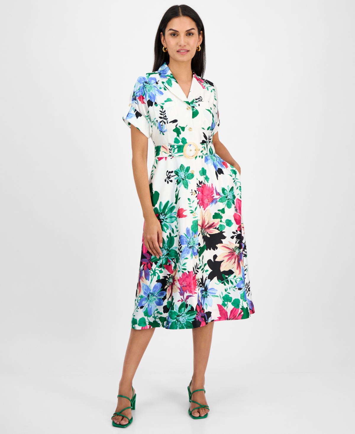 Tahari Women's Collared Short-Sleeve Midi Shirtdress - Ivory Multi