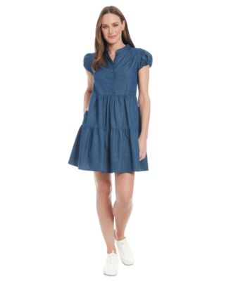 London Times - Petite Denim Puff-Sleeve Tiered Dress