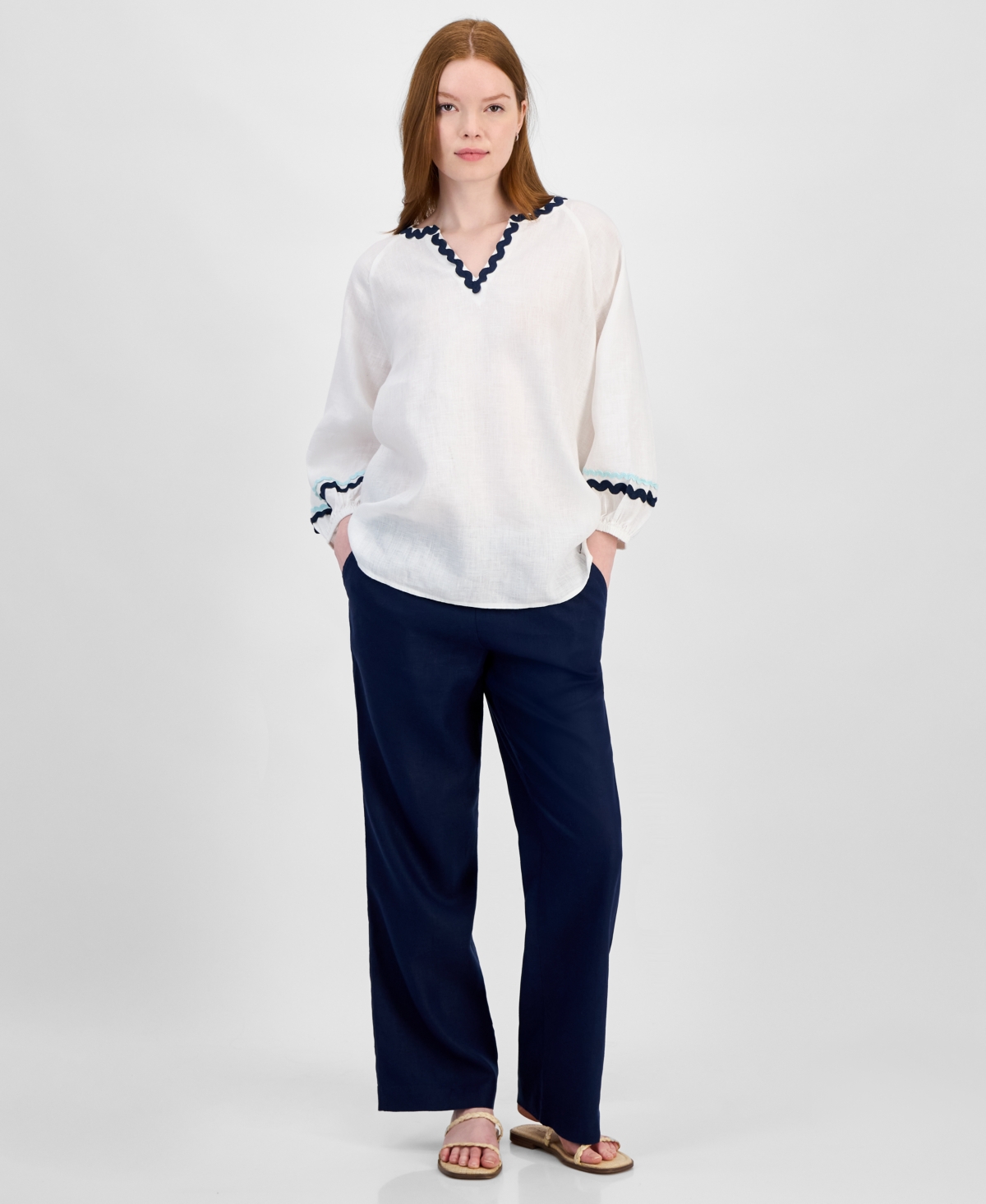 CHARTER CLUB WOMEN'S 100% LINEN RICKRACK-TRIM TOP, EXCLUSIVELY AT MACY'S 