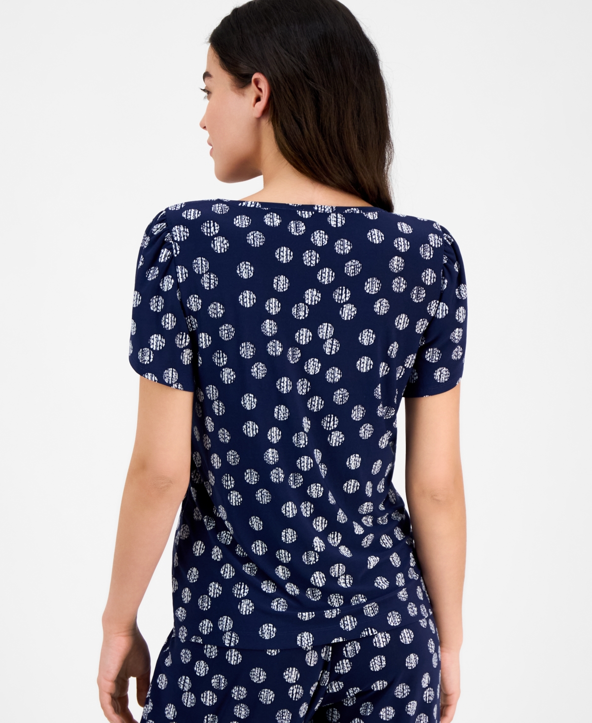 Ak Anne Klein Petite Dot-print Tulip-sleeve Top In Distant Mountain,bright White