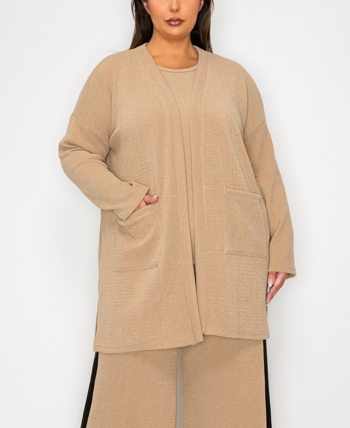Plus Size Textured Rib Front Pocket Side Slit Cardigan Sweater - Taupe
