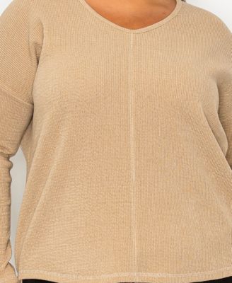 Plus Size Textured Rib Front Seam Dolman Long Sleeve Top