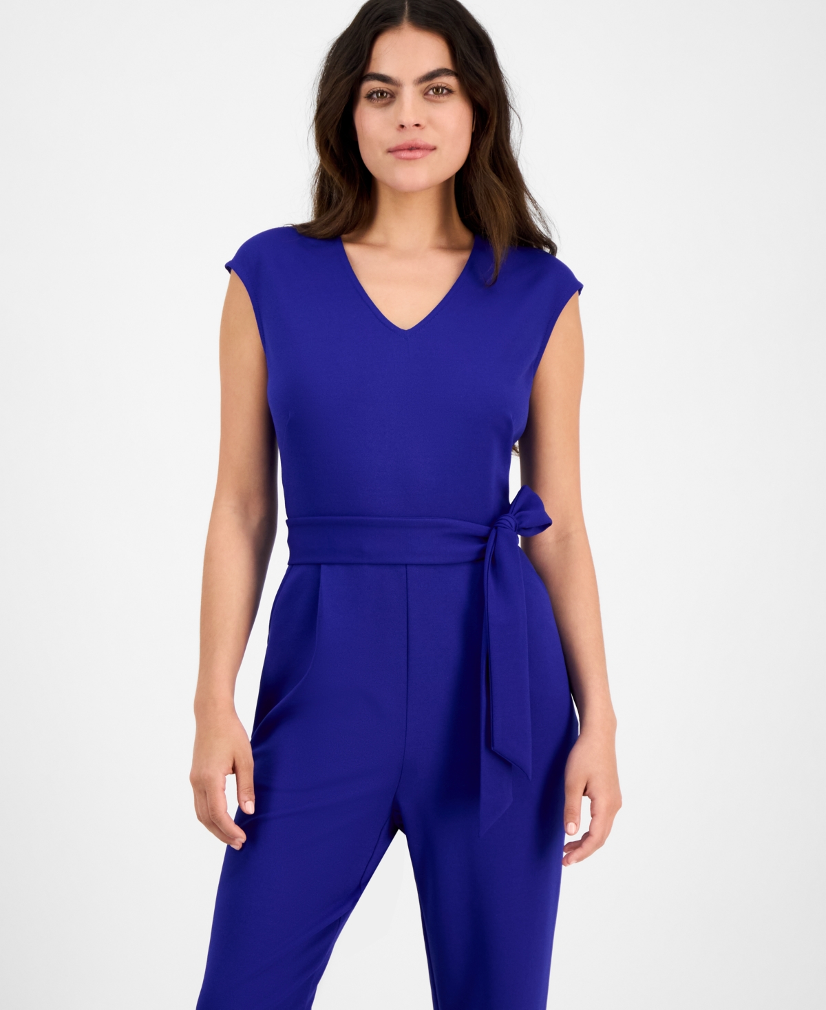 Ak Anne Klein Petite V-neck Belted Crepe Jumpsuit