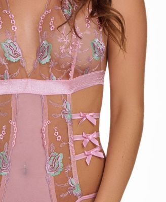 Women's Sheer Embroidered Bodysuit Lingerie with Bow Accents