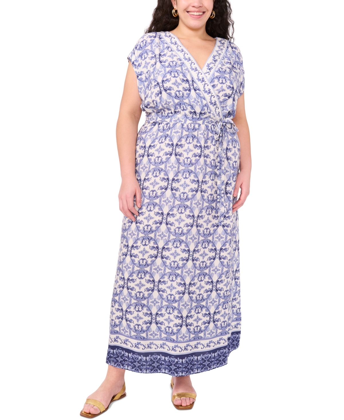 Vince Camuto Surplice Neck Tie Belt Midi Dress In Navy Dream