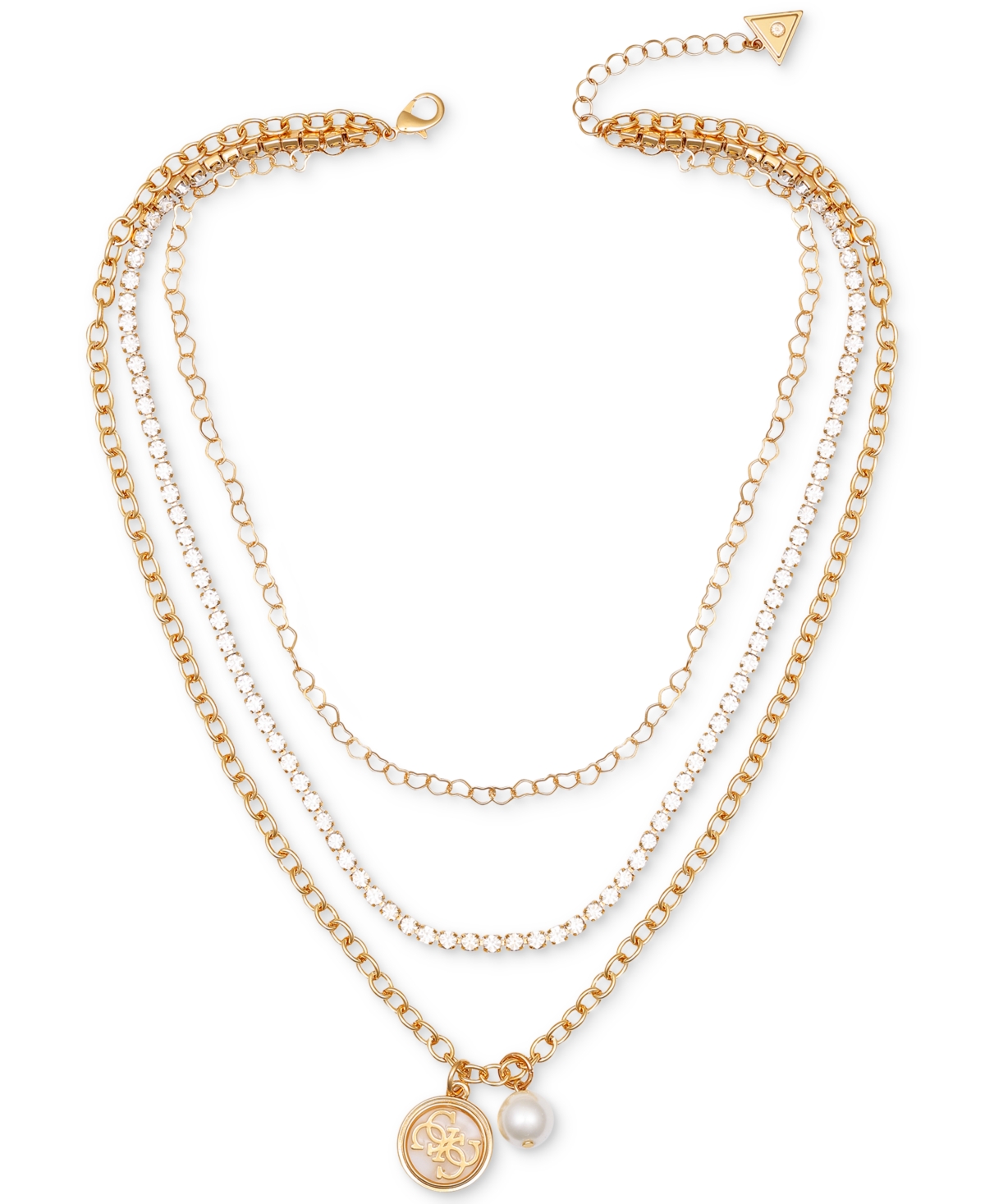 Gold-Tone Imitation Pearl & Logo Three Layered Pendant Necklace, 17" + 2" extender - Gold