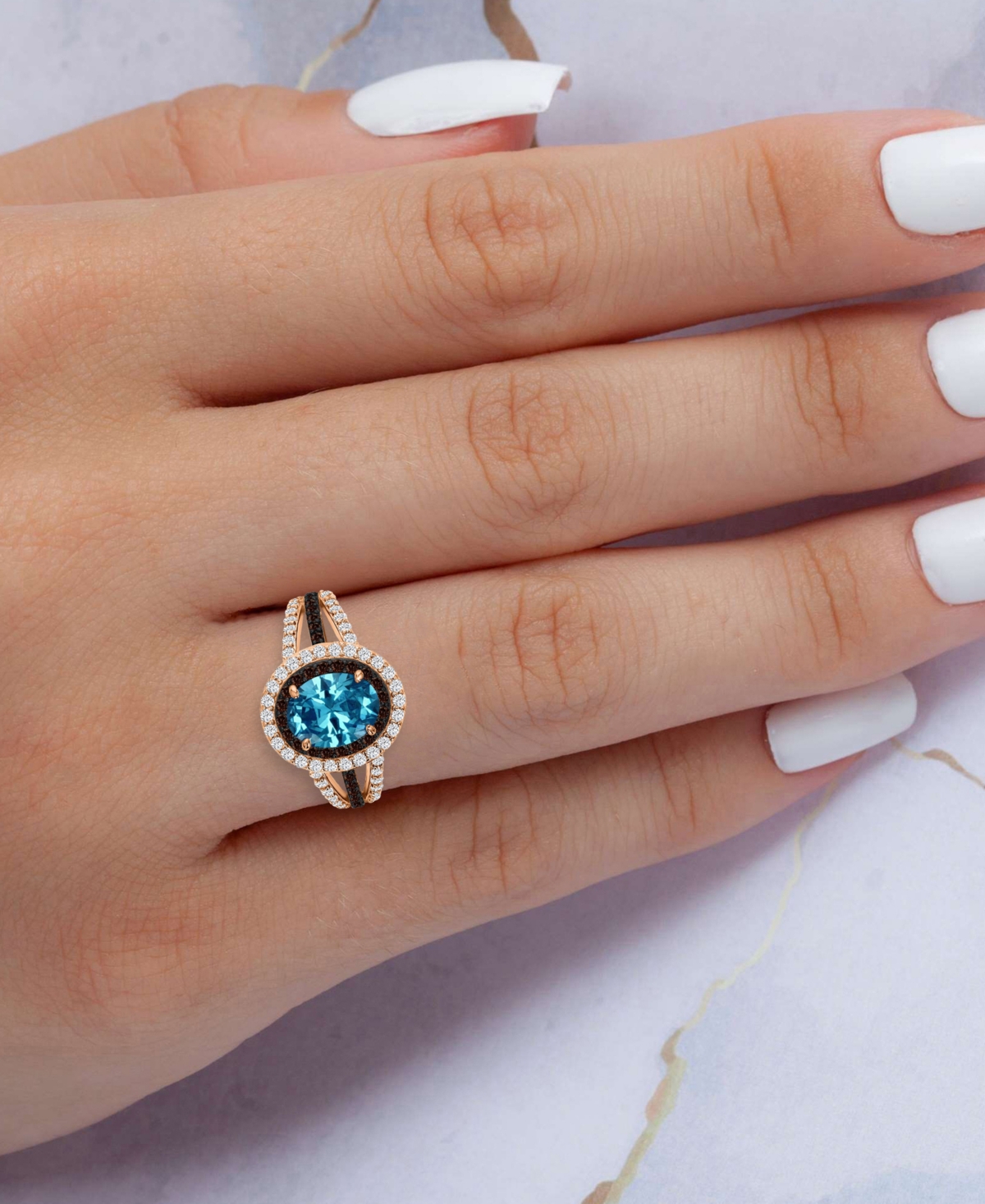 Macy's Blue, White, & Black Cubic Zirconia Halo Ring In 14k Rose Gold-plated Sterling Silver In Pink