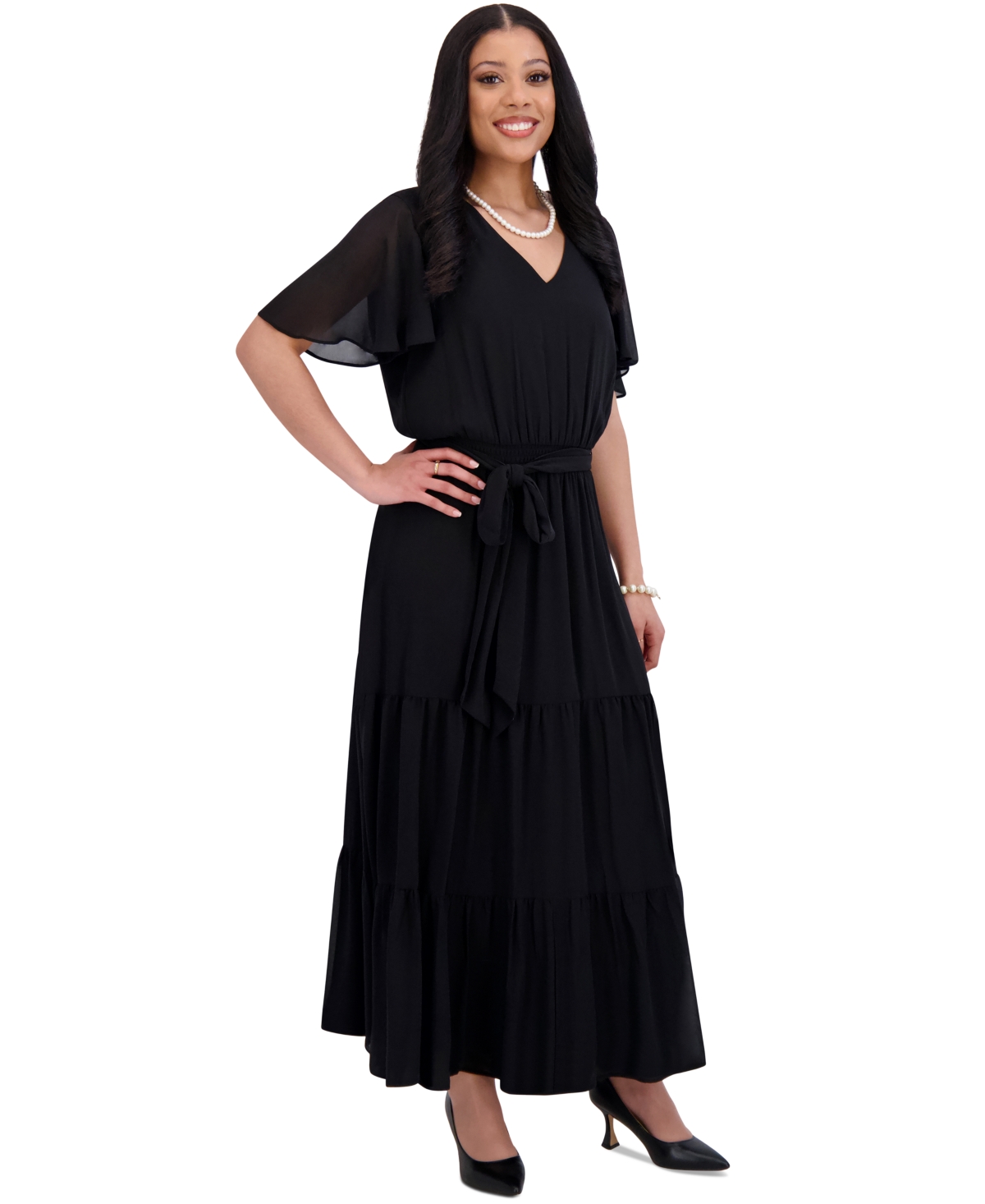 Kasper Women's V-neck Flutter-sleeve Maxi Dress, Regular & Plus Sizes In Black