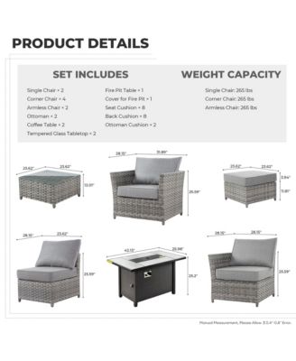 13 Pieces Outdoor Furniture Patio Sectional Sofa,No Assembly Required PE Wicker Conversation Sets with 42" Fire Pit,Armchairs,Ottomans and Coffee Table for Garden Poolside Backyard