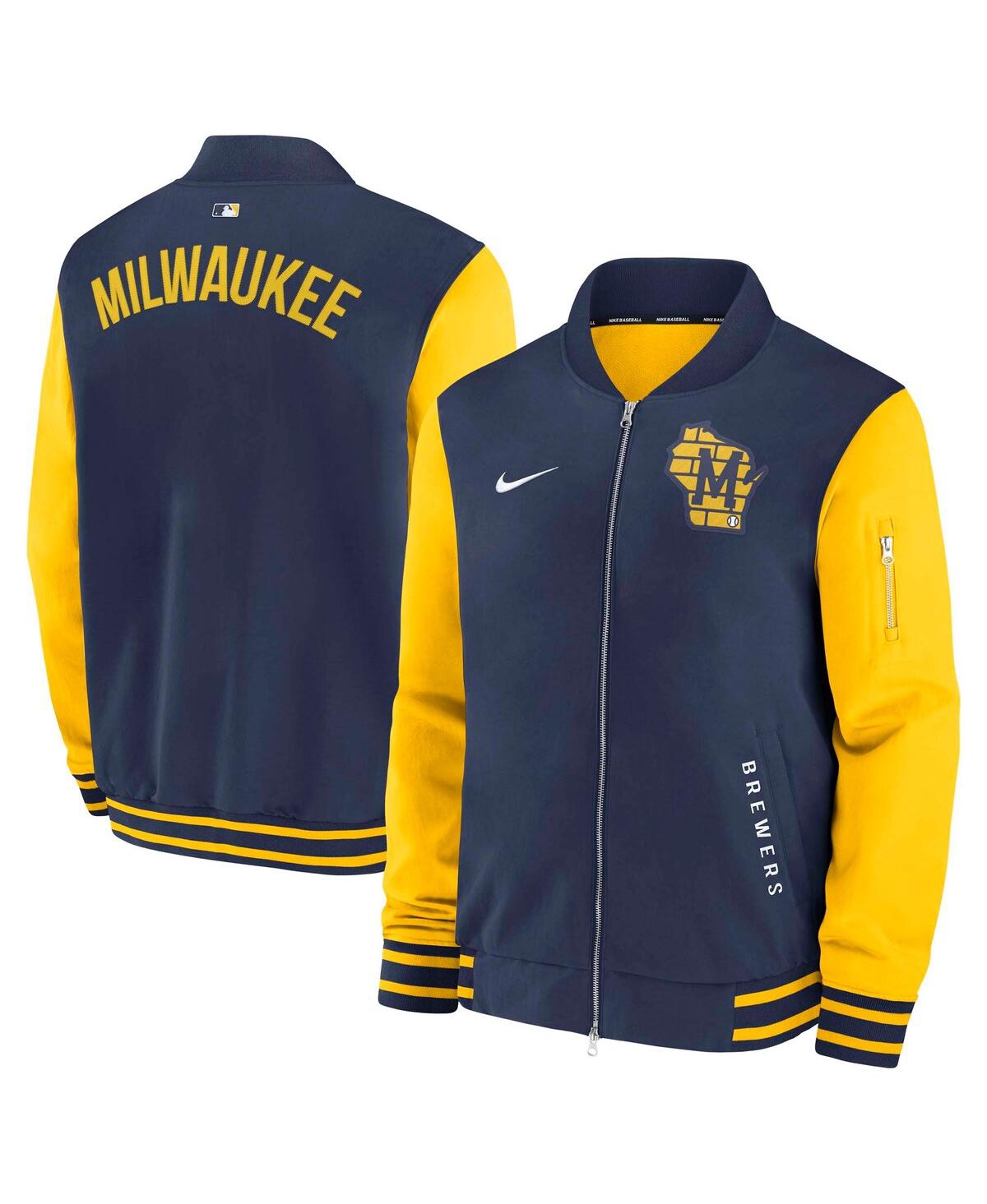 Men's Navy/Gold Milwaukee Brewers Authentic Collection Dugout Full-Zip Bomber Jacket - Navy, Gold