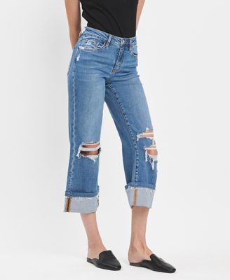 Women's High Rise Cuffed Wide Leg Jeans