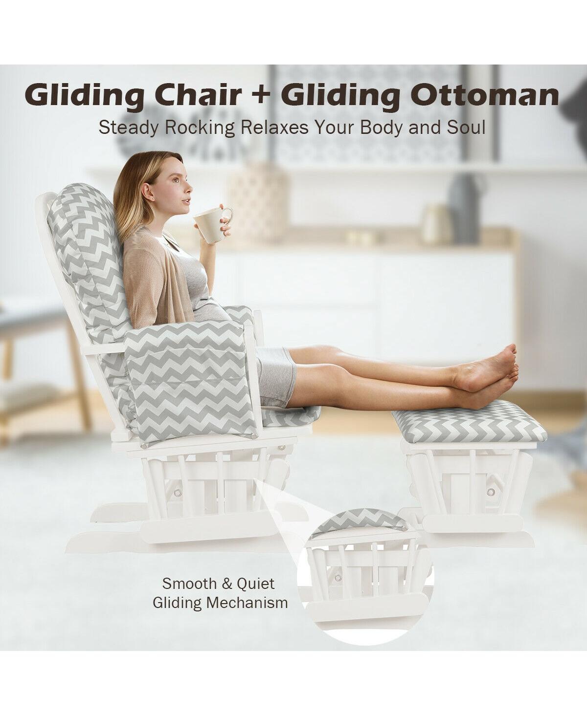 Wood Glider and Ottoman Set with Padded Armrests and Detachable Cushion