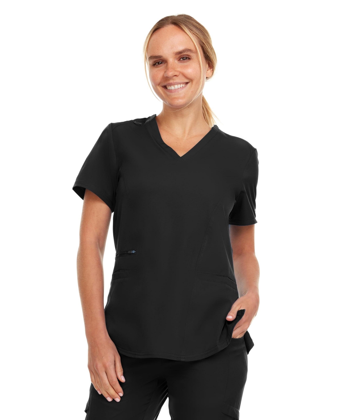 Women's Ruth 3-Pocket Multi Stitch V-Neck Scrub Top, Black - Black