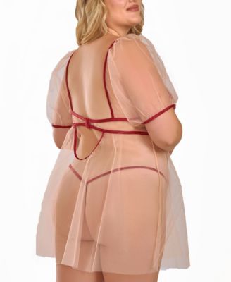 Plus Size Soft Cup Embroidered Mesh Bbdoll Lingerie Set