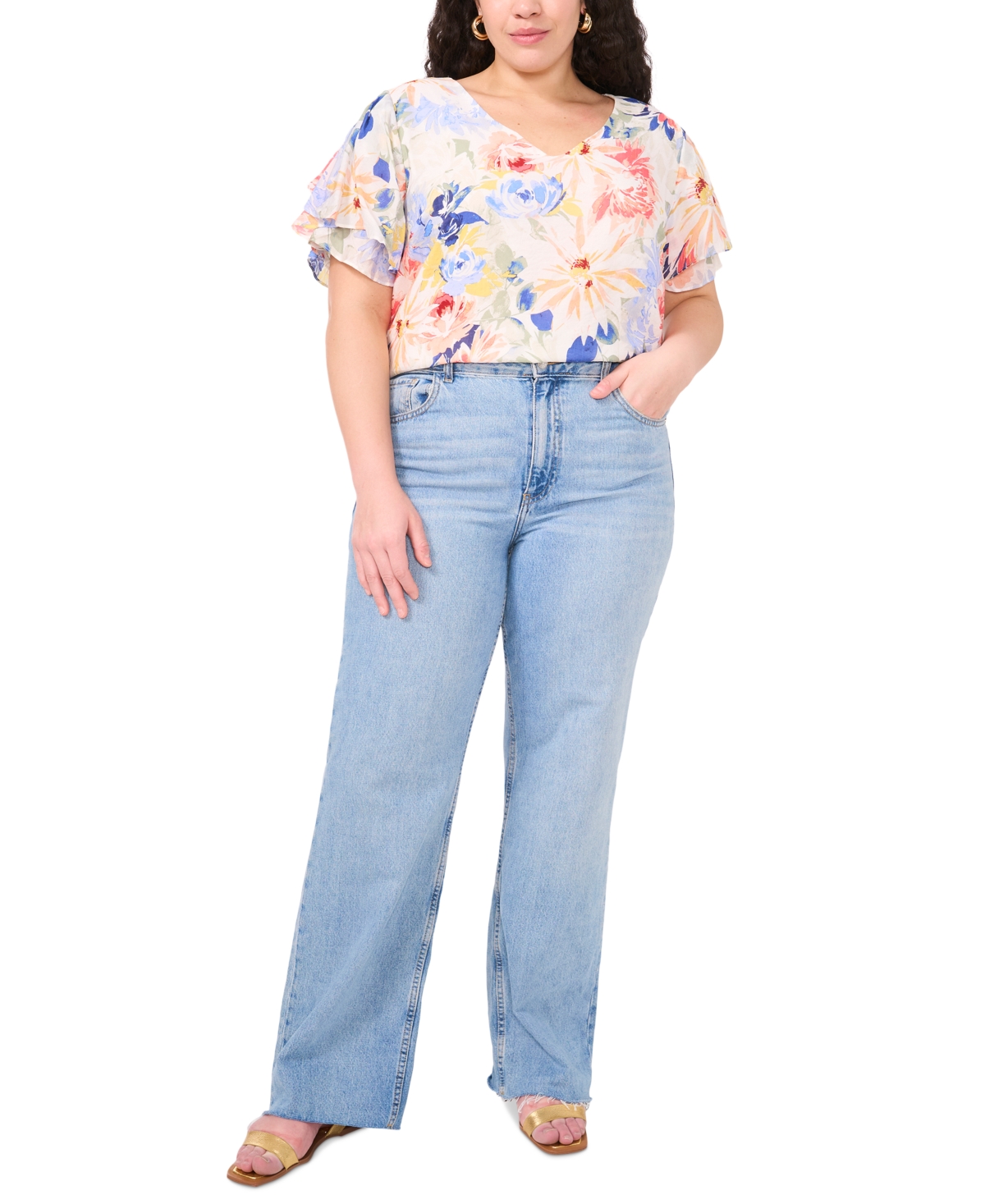 VINCE CAMUTO PLUS SIZE V-NECK TULIP-SLEEVE BLOUSE 