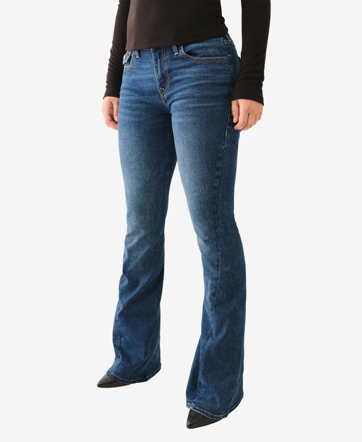 TRUE RELIGION WOMEN'S JOEY MID RISE FLAP FLARE JEANS 
