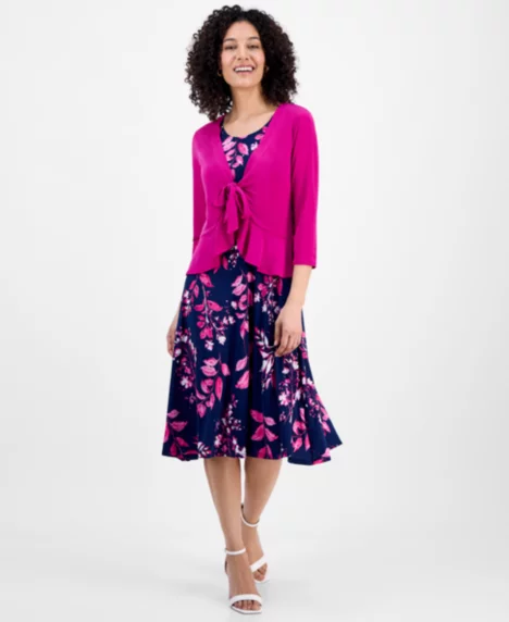 Petite 2.Piece Tie-Front Bolero Jacket & Floral-Print Sleeveless Fit & Flare Dress - Navy Pink