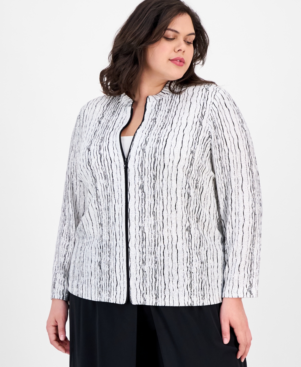 Alex Evenings Plus Size Drizzle-printed Zip Evening Jacket