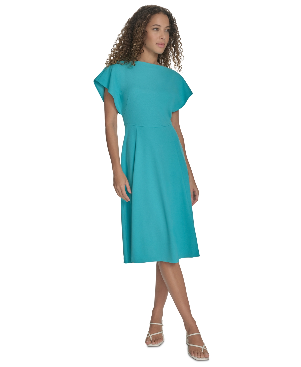 CALVIN KLEIN PETITE FLUTTER-SLEEVE SHEATH MIDI DRESS 
