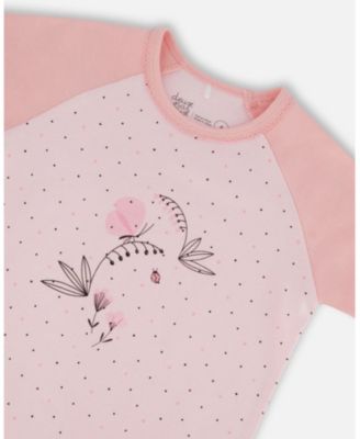 Big Girls Organic Cotton Two-Piece Short Pajama Set Small Pink Flowers On Pale Pink Background
