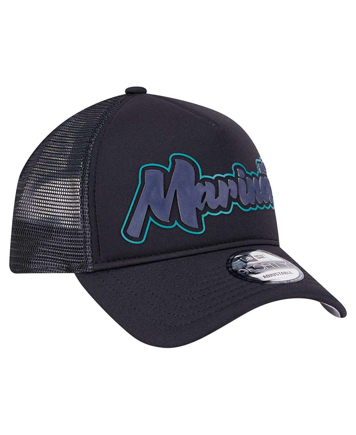 NEW ERA MEN'S BLACK SEATTLE MARINERS RETRO BOLD A-FRAME TRUCKER 9FORTY ADJUSTABLE HAT 
