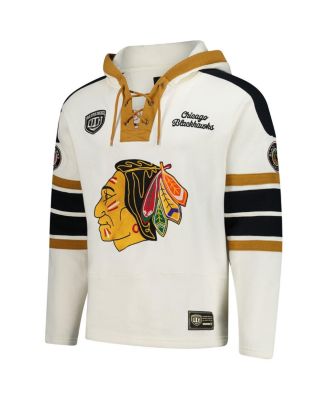 Men's Chris Chelios Cream Chicago Blackhawks Blue Line Heritage Name & Number Lace-Up Pullover Hoodie