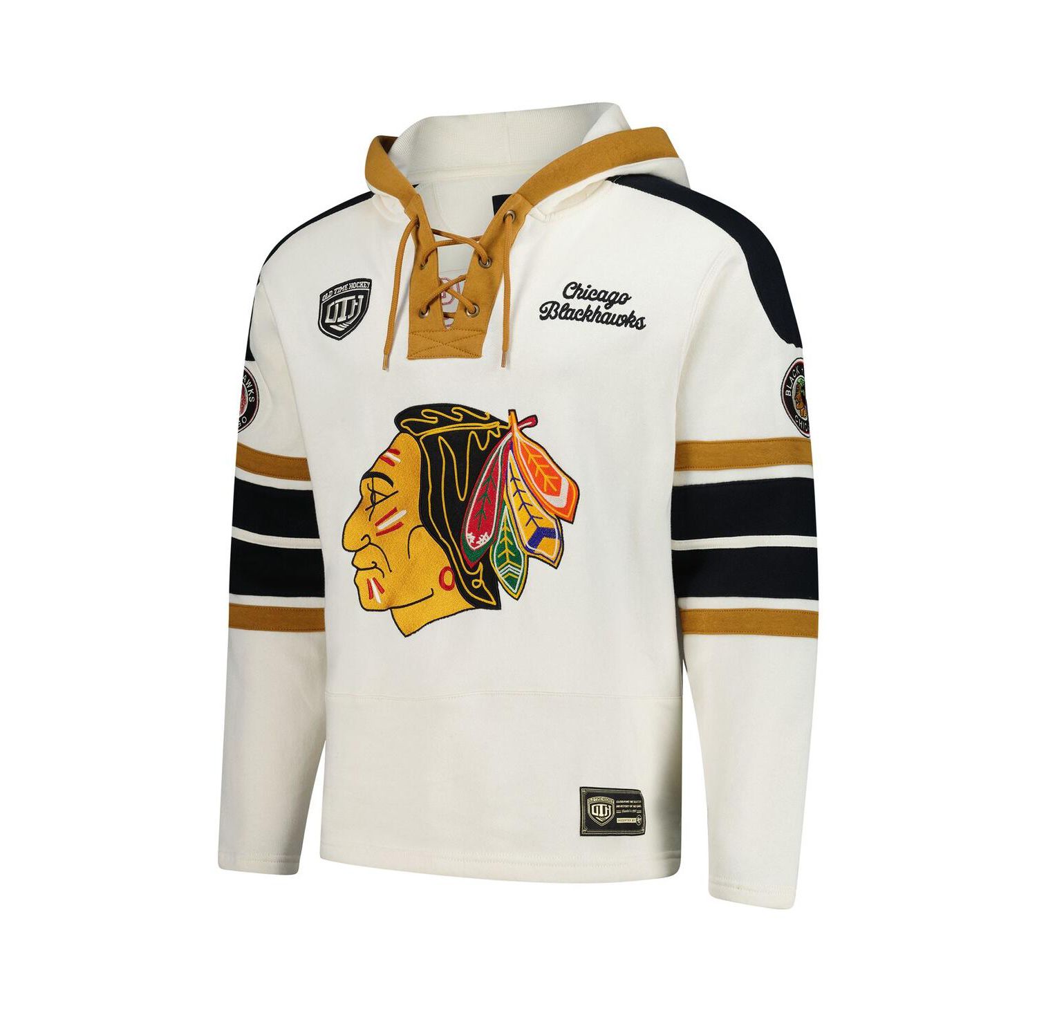 Men's Chris Chelios Cream Chicago Blackhawks Blue Line Heritage Name & Number Lace-Up Pullover Hoodie