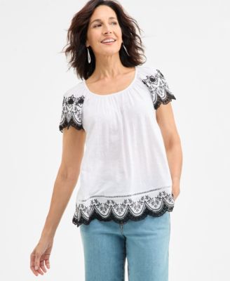 Style & Co - Women's Scoop-Neck Embroidered Short-Sleeve Top