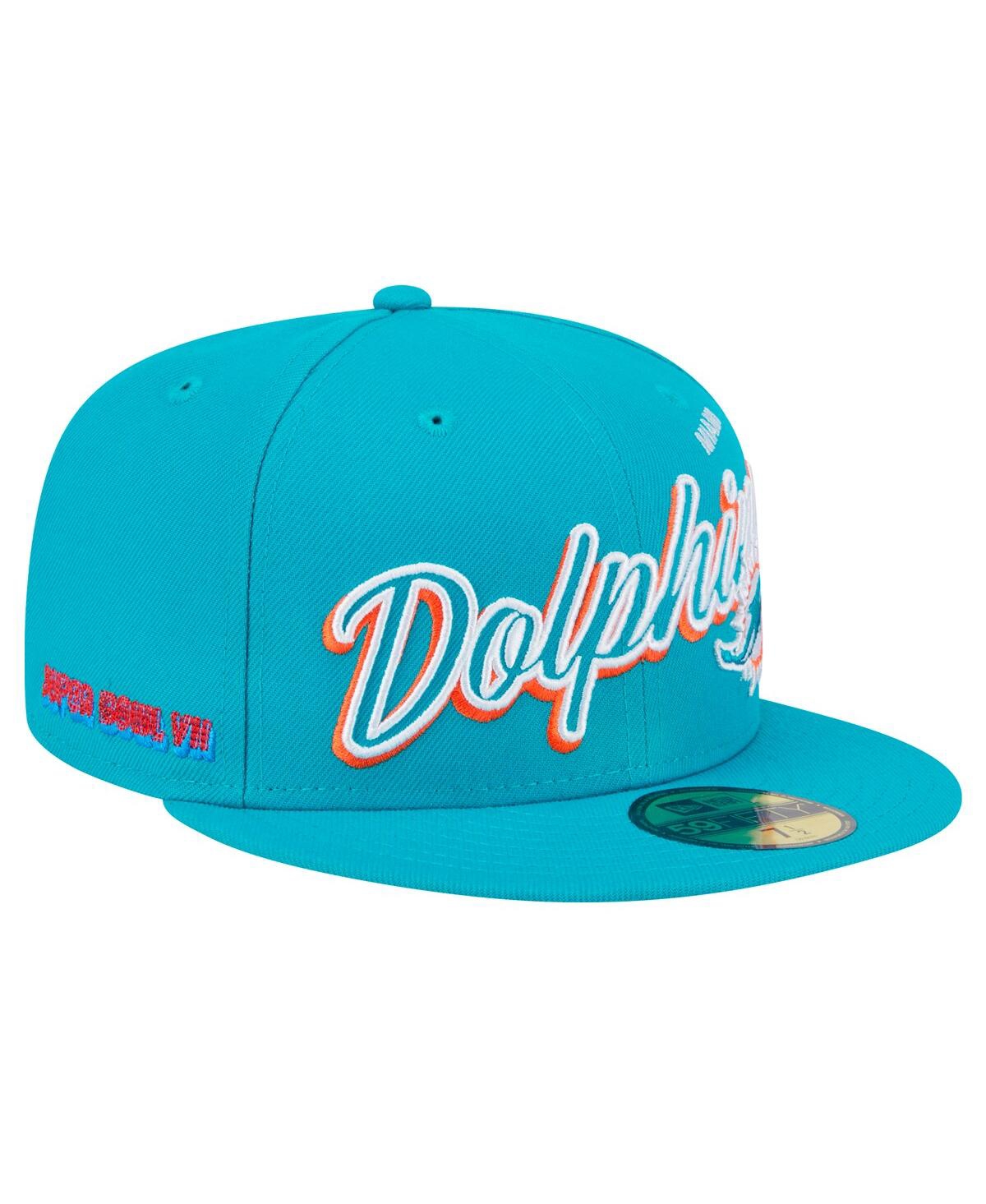 NEW ERA MEN'S AQUA MIAMI DOLPHINS SCRIPT SIDED 59FIFTY FITTED HAT 