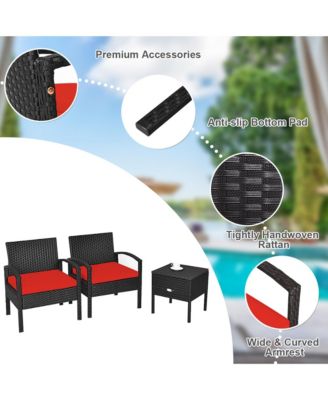 3 Piece Outdoor Rattan Conversation Furniture Set w/  Cushion & Storage Table