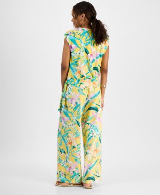 Inc International Concepts Petite Printed Side Tied Top Pull On Wide Leg Pants Exclusively At Macys In Green