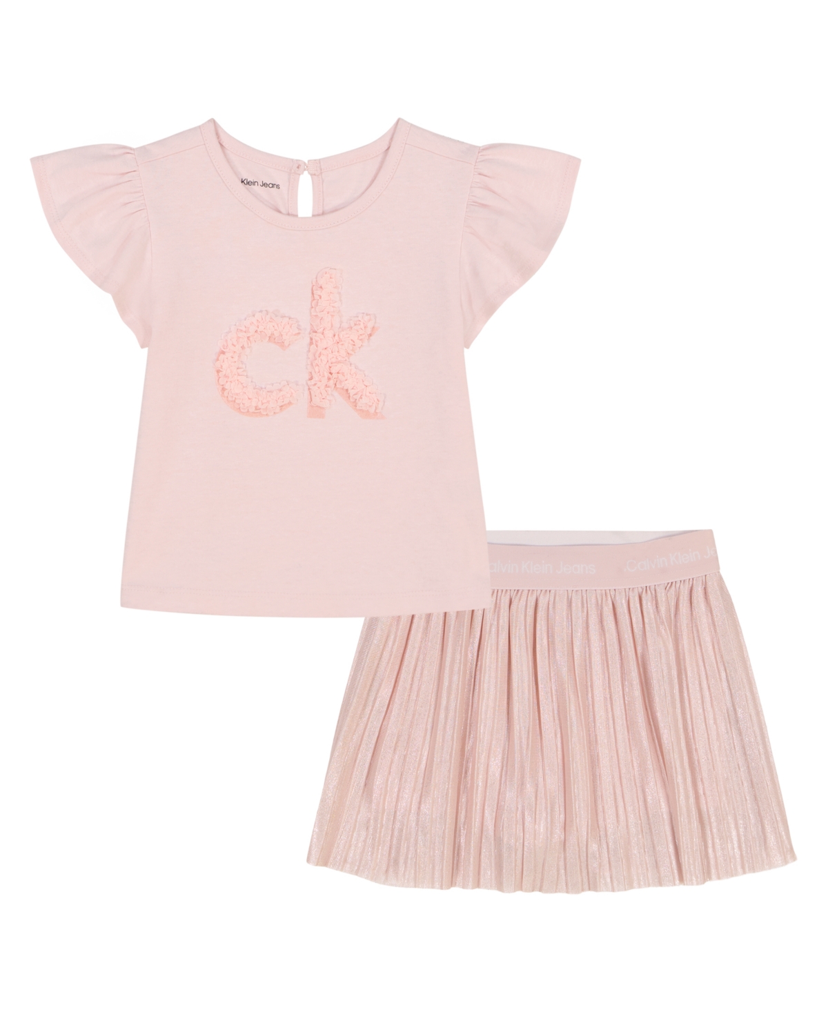 CALVIN KLEIN TODDLER AND LITTLE GIRLS 2-PIECE ROSETTE LOGO FLUTTER SLEEVE TOP METALLIC MICROPLEAT SKORT SET 