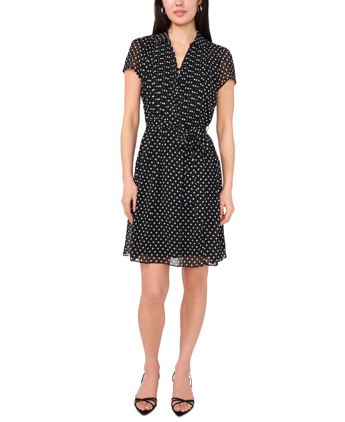 Petite Dot-Print Tie-Waist Split-Neck A-Line Dress - Black White