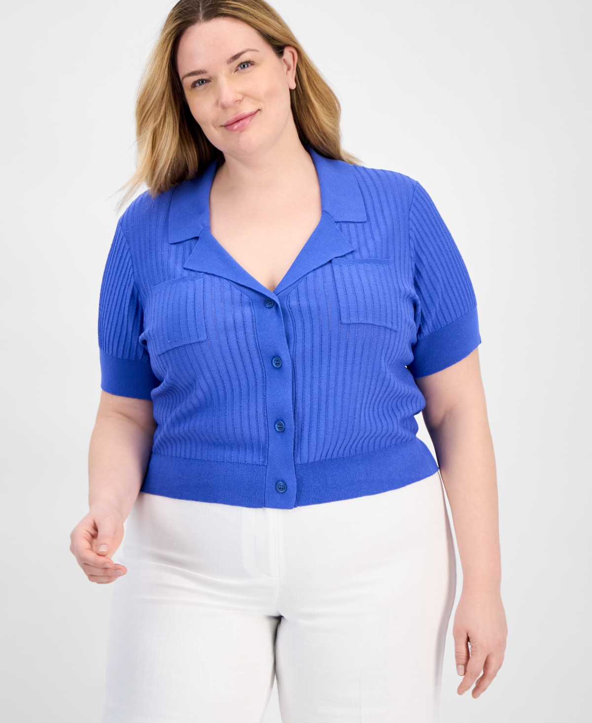 Tahari Asl Plus Size Short-sleeve Pointelle Cardigan In Pacific Blue