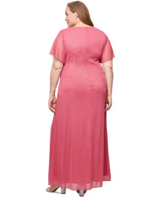 Plus Size Flutter-Sleeve Side-Ruched Glitter Gown