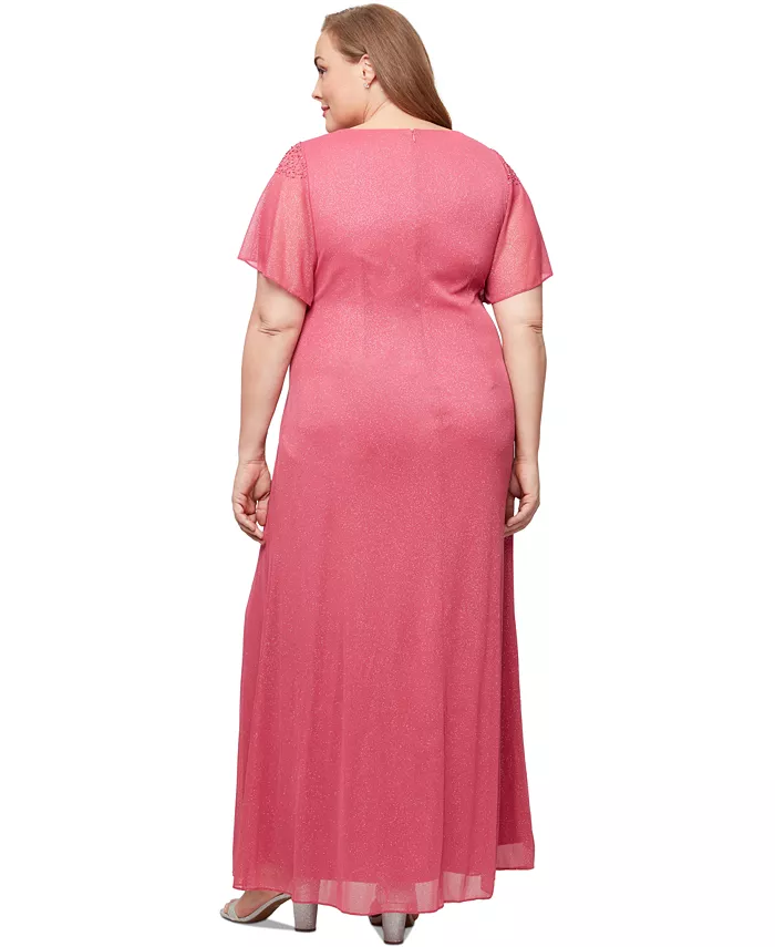 Plus Size Flutter-Sleeve Side-Ruched Glitter Gown - thumbnail 2
