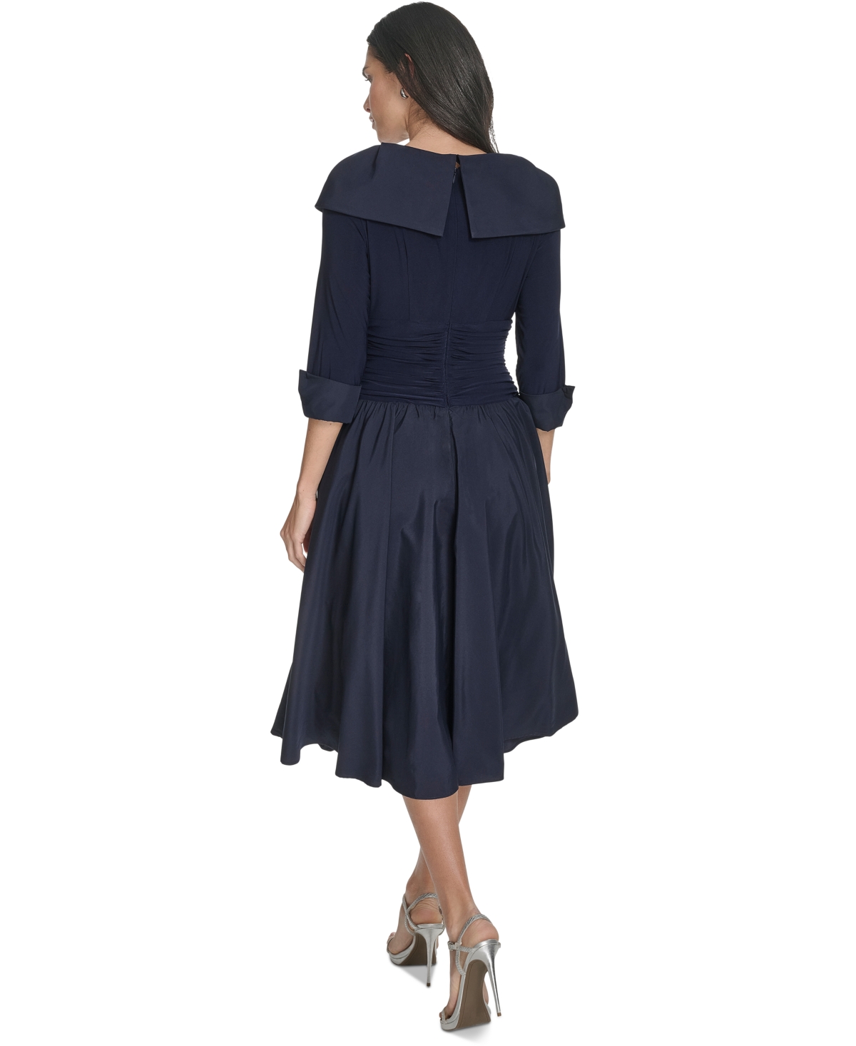 Jessica Howard Petite 3/4-sleeve Portrait-collar Fit & Flare Dress In Navy
