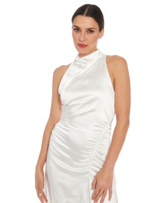 Petite Satin Side-Ruched Cowlneck Midi Dress