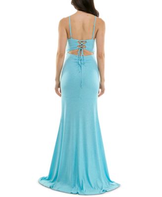 KATIA RAE Juniors' Side-Ruched Lace-Up-Back Glitter Gown, Created for Macy's
