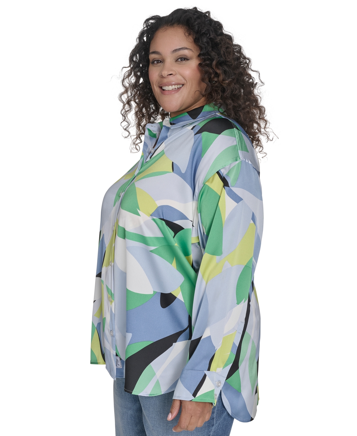 Karl Lagerfeld Plus Size Geometric Print Blouse In Flore Green Chambray Multi
