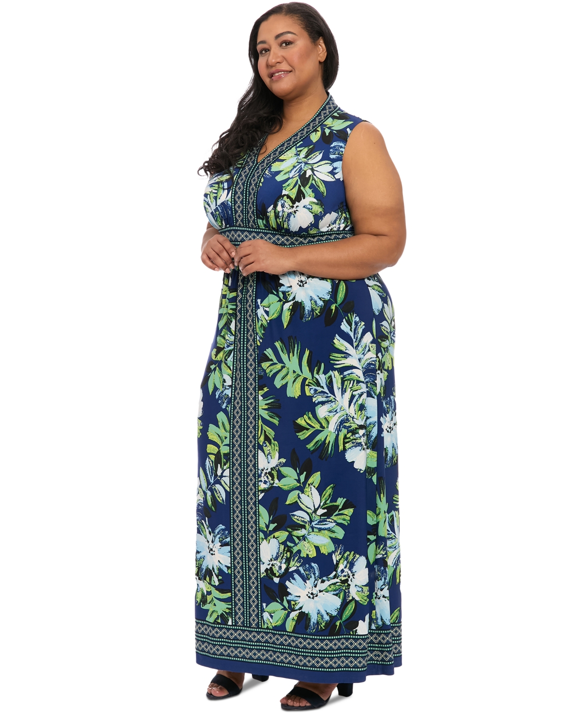 London Times Plus Size Border-print V-neck Maxi Dress