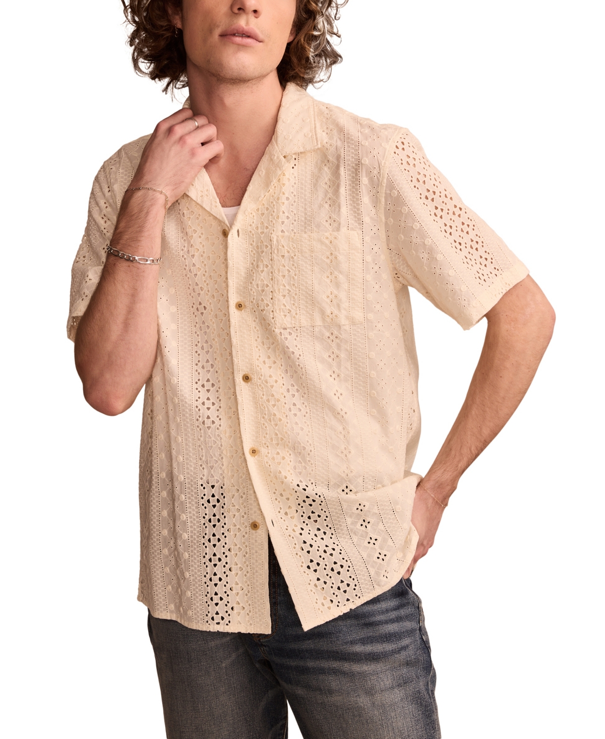 Men's Short Sleeve Eyelet Camp Collar Shirt - Tofu
