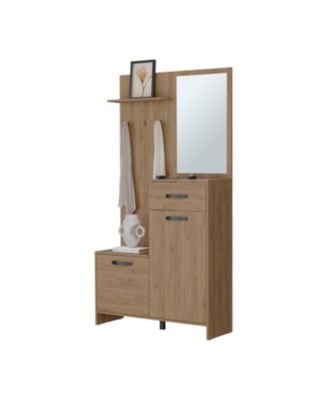 Elko Hall Tree Board and Melamine Multistorage with a Mirror, Natural Oak