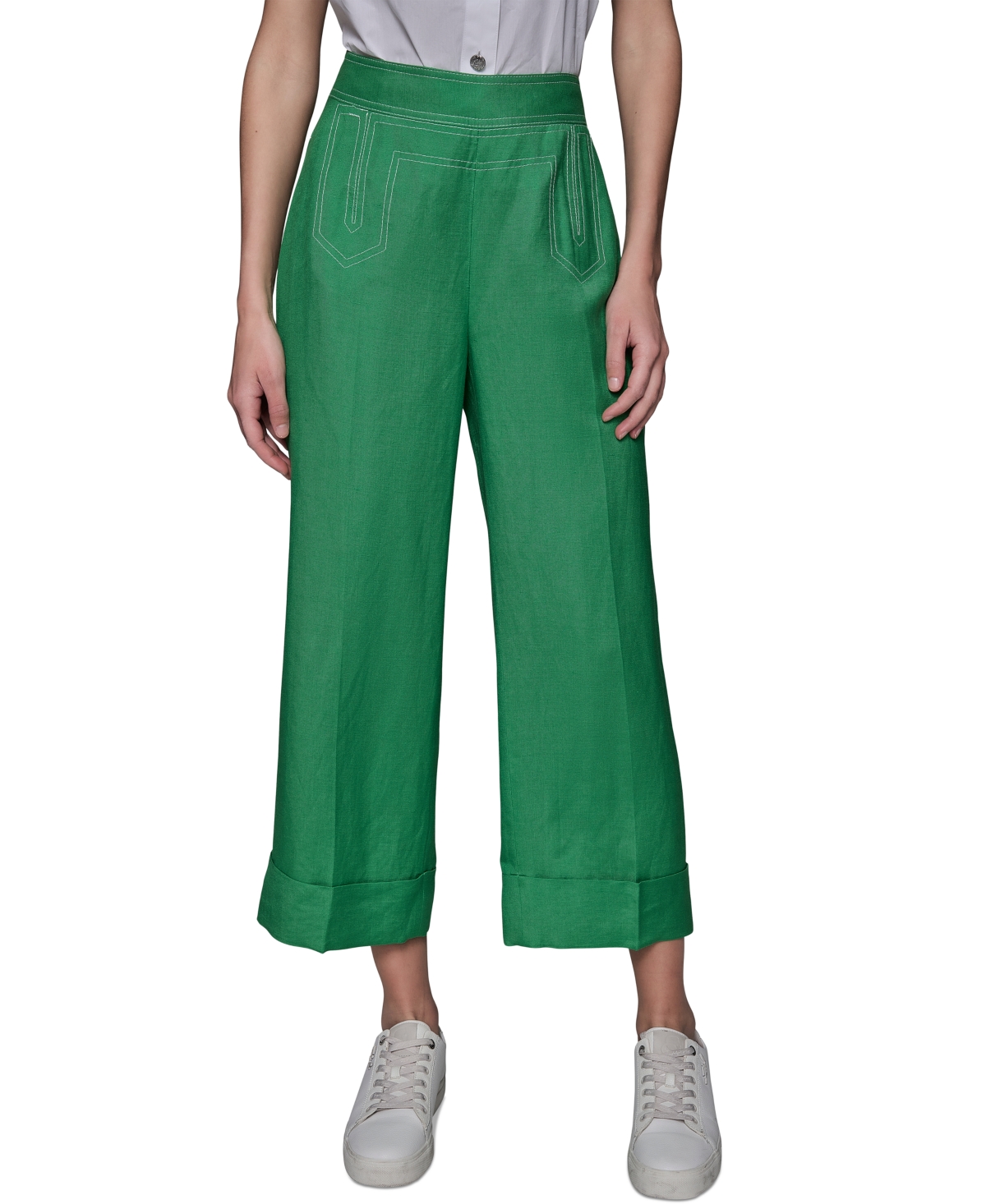 Karl Lagerfeld Petite Linen-blend Wide-leg Pants In Flore Green