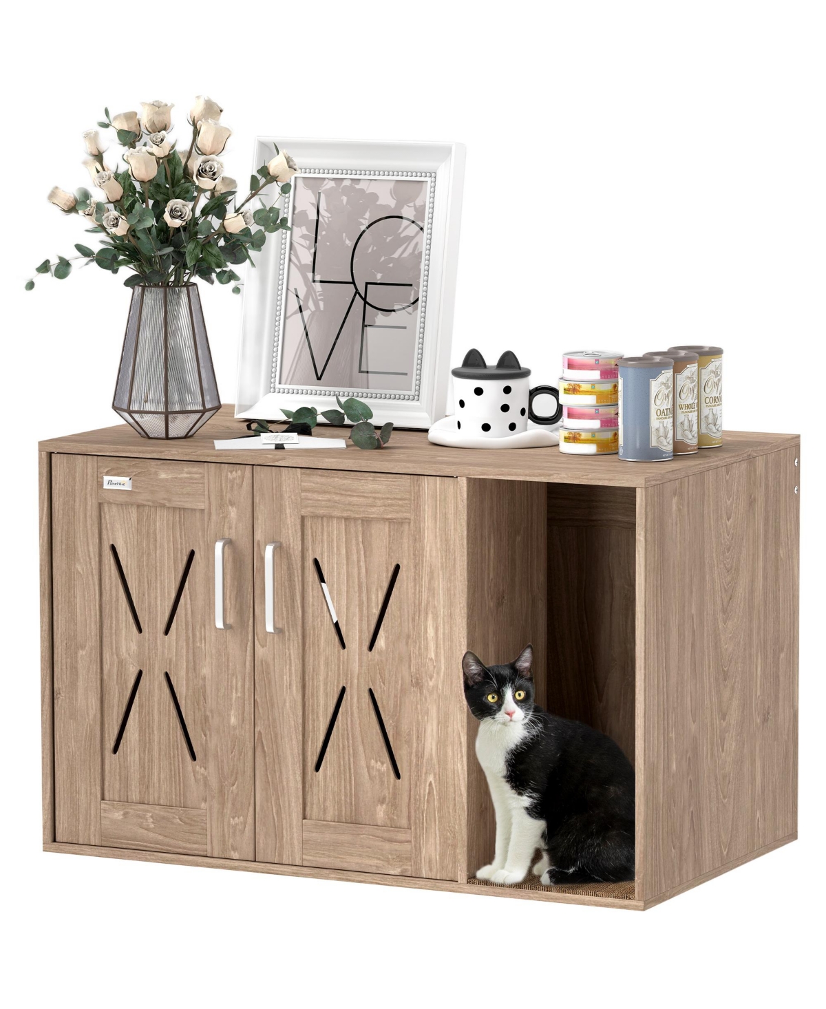 Cat Litter Box Enclosure with Scratching Board, 31.5" x 19" x 20" - Walnut
