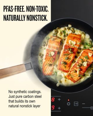 Forest Carbon Steel Frying Pan 2-Piece Set - Acacia Wood Handle, Pre-Seasoned & Made w/o PFAS, PFOA & PTFE - Induction & All Stovetop Compatible