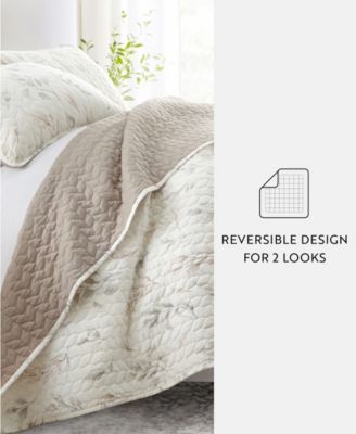 Watercolor Leaves and Stripe Reversible 3-Pc. Lightweight Quilt Set, King/California King