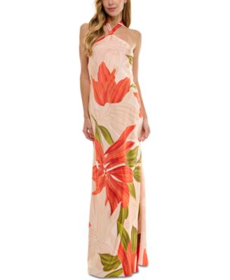 Juniors' Printed Halter-Neck Satin Long Dress
